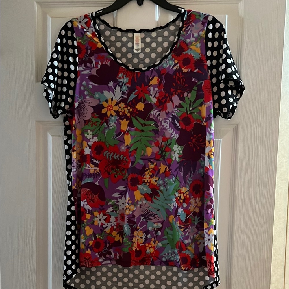 LuLaRoe Short Sleeve Floral & Polka Dot Top - Purple/Multi